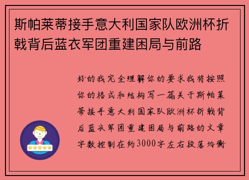 斯帕莱蒂接手意大利国家队欧洲杯折戟背后蓝衣军团重建困局与前路 斯帕莱蒂接手意大利国家队欧洲杯折戟背后蓝衣军团重建困局与前路